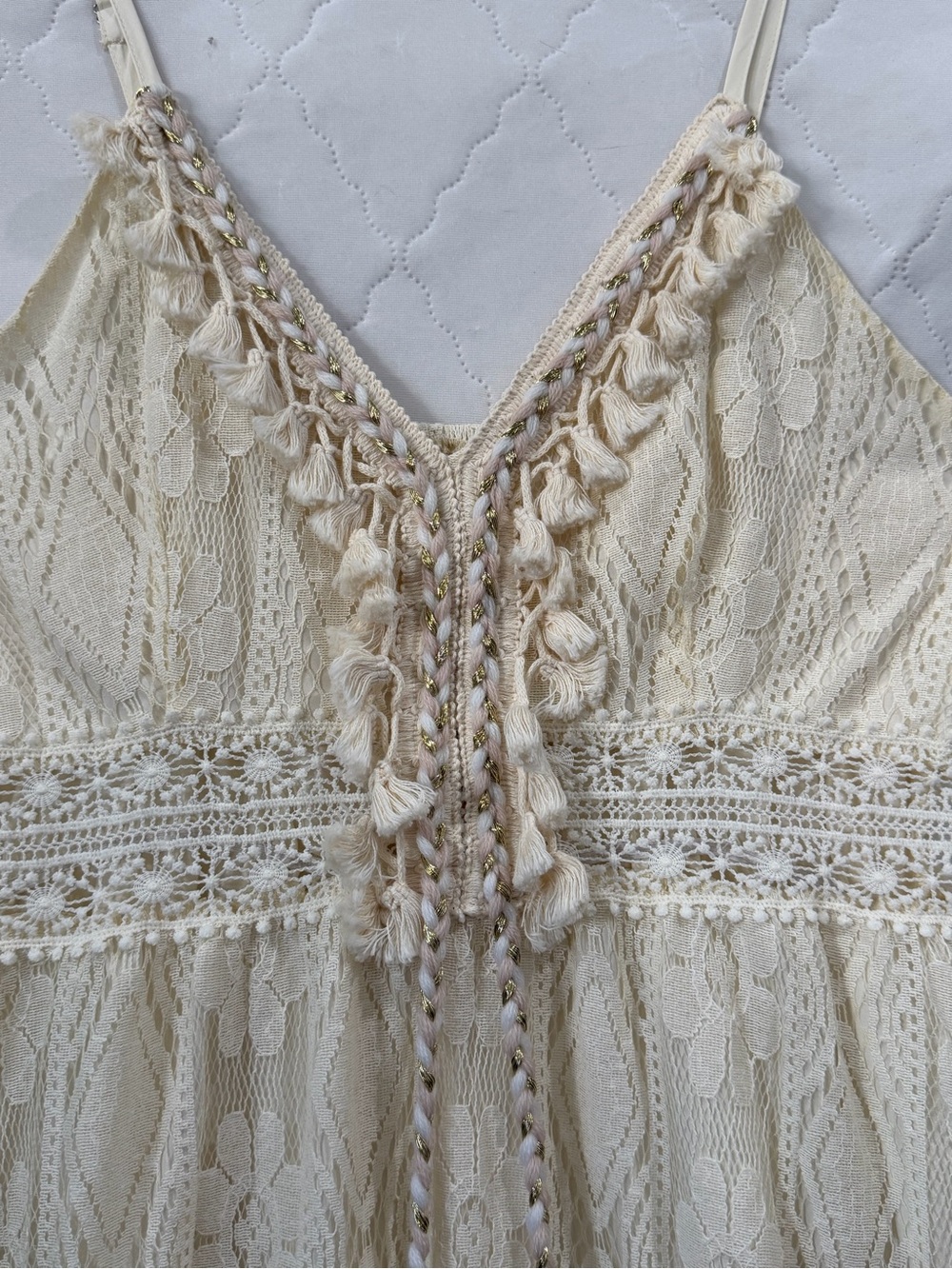 Boho Lace Hi-Lo Maxi Dress in Cream Lace with Tassels and Gold trim w/ Pom-Poms - Picture 4 of 8